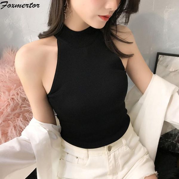 

crop tank female women 2020 solid knitting woman clothes summer black women camiseta mujer1, White