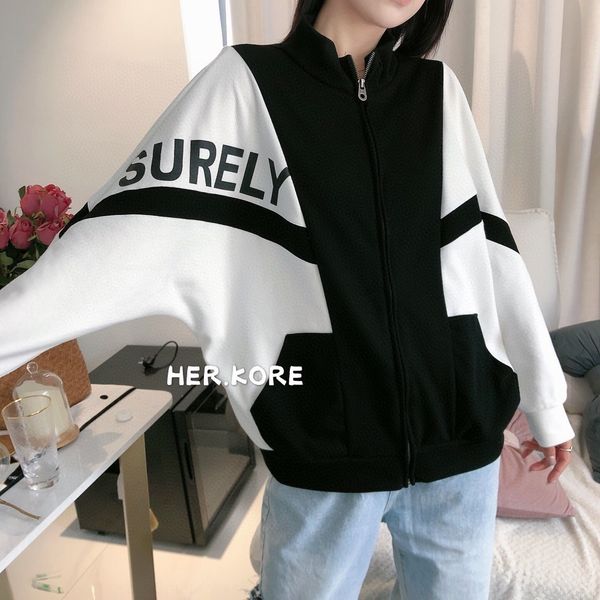 

fgyzz q cardigan collar bat sleeve splicing color zipper stand women's sweater korean sweater medium t-shirt zipper large contrast leng, Black