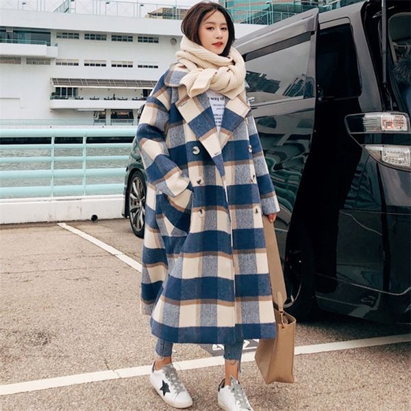 

bella philosophy winter women plaid thick warm woolen coat lady turn down collar pocket coat female double breasted outwear 201027, Black