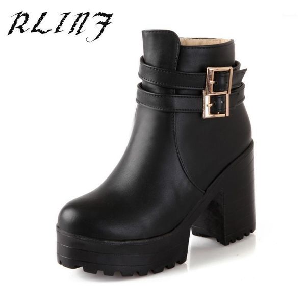 

boots retro round short high heel thick with spring and winter black blue wine red belt buckle solid color1