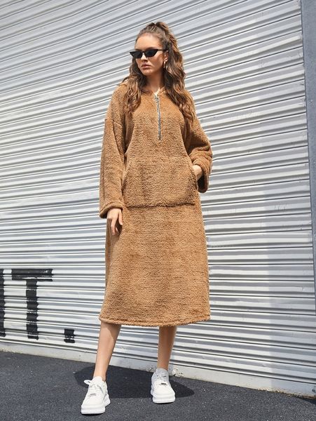 

pouch pocket half zip placket flannel hoodie dress m35a#, White;black