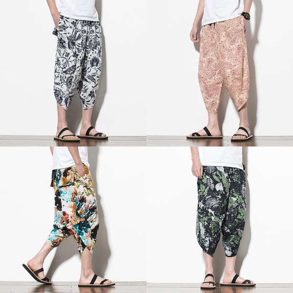 

chinese style linen capris fashion brand loose oversized patchwork floral versatile youth casual pants beach pants shorts beach pantsshorts, Blue