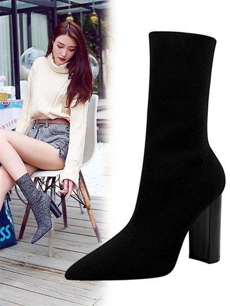 

european and american fashion new simple thick heel boots children pointed nightclub thin wool high-heeled short boots, Black