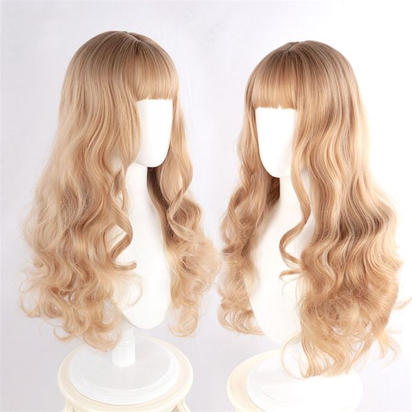 Ouro Lolita peruca Harajuku longa reta Cores douradas Synthetic cabelo Fringe Bangs diárias meninas adultas