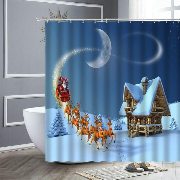 

merry christmas shower curtain bathroom curtains snowman elk cat landscape pattern waterproof bath screen xmas decor with hooks1