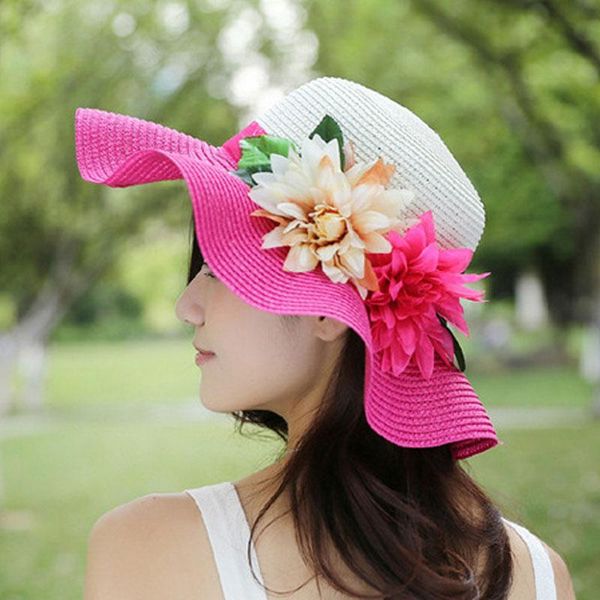 

wide brim hats [head bee] 2021 fashion summer straw for women floppy beach hat flower sun large panama cap, Blue;gray