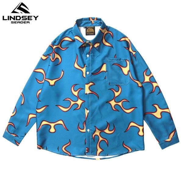 

lindsey seader fire flower printed long sleeve shirts 2020 male vintage casual tie dye hawaiian shirt black blue blouse pocket 1021, White;black