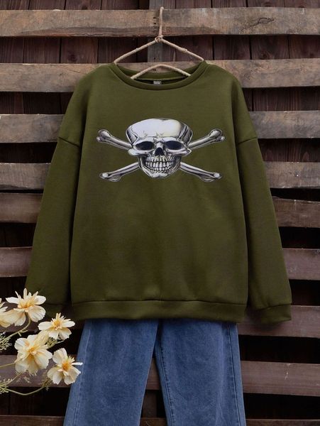 

emery rose skull print drop shoulder thermal pullover z6nh#, White;black