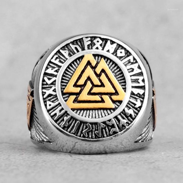 

nordic mythology viking odin stainless steel mens rings punk hip hop for male boyfriend biker jewelry creativity gift wholesale1, Golden;silver