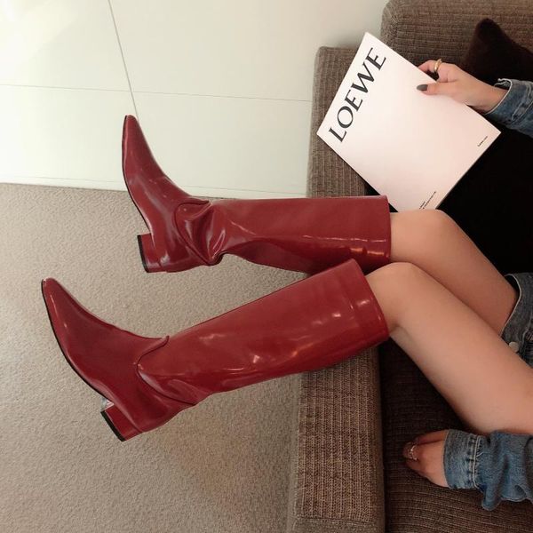

dxfan patent leather long riding boots women pointed toe med heel knee boots women solid winter shoes botas mujer, Black