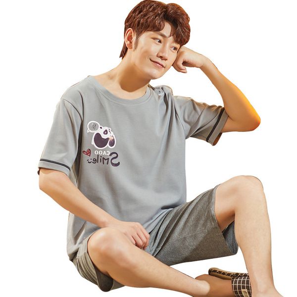 

print pure cotton men's pajamas cartoon short sleeve sleep summer loose casual home clothes thin round neck pyjama 2pcs/set, Black;brown