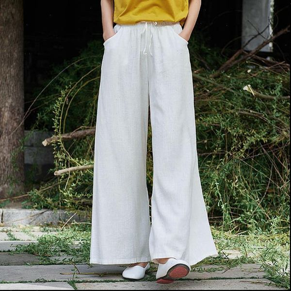 

solid color wide leg pants women elastic waist belt trouser 2020 spring new pockets cotton linen women cloths pants, Black;white