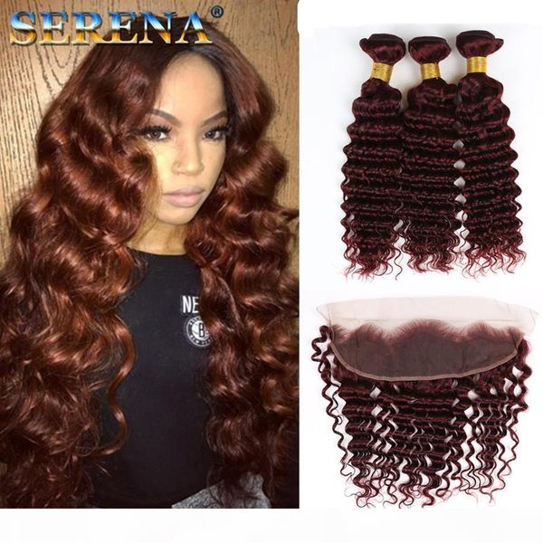 

brazilian 99j human hair weave 100% human hair extensons deep wave wine red 3bundles with 13x4 ear to ear frontal burgundy hair with closure, Black;brown