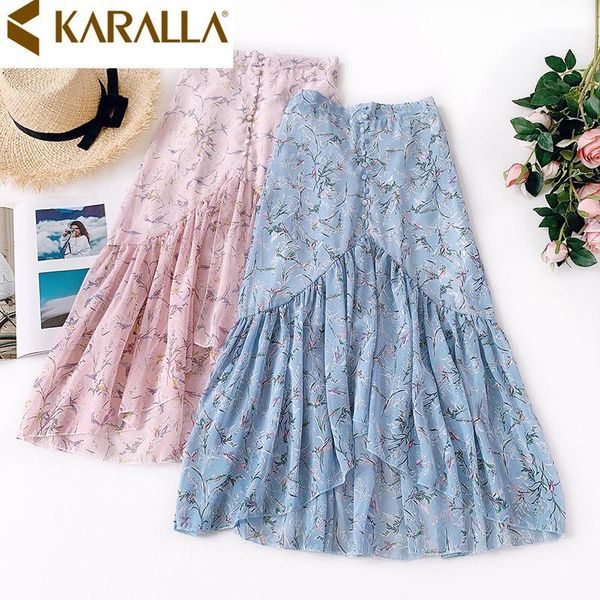 

floral chiffon skirt irregular hem flounce temperament lady summer design fashion women c14431 skirts, Black