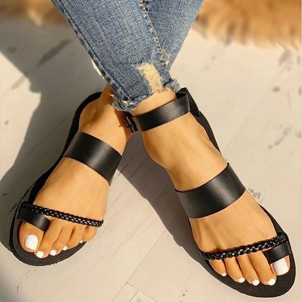

women gladiator ankle buckle sandals flip flops female flat pu sandals new summer slides fashion ladies solid casual footwear #ja5v, Black