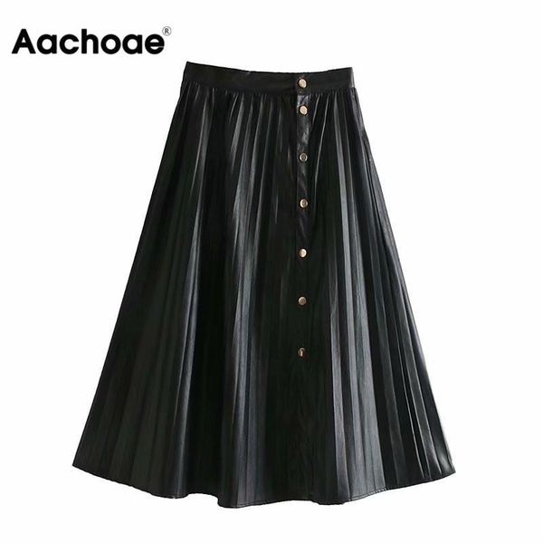 

women faux leather pleated skirt fashion loose a-line skirts female autumn winter elegant office lady midi skirt y200326, Black