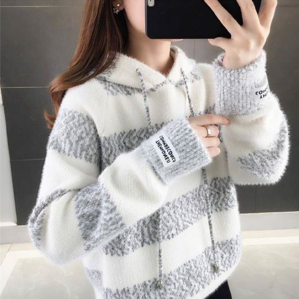

2020 women hooded sweater pullover womens casual thick warm knitted women sweater autumn winter spring hoodie, White;black