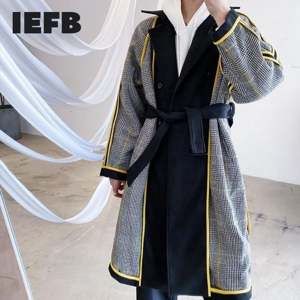 

iefb men's double sided plaid overcoat color block patchwork oversized woolen coat mens autumn new clothes with belt 9y44101, Black
