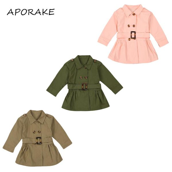 

2020 0-5y fashion kids baby girl overcoat lapel design with adjustable waist belt double breasted solid color spring clothing, Blue;gray