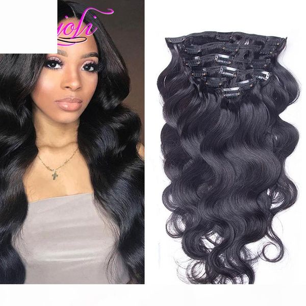 

peruvian virgin human hair body wave clip in hair extensions 140g body wave natural color 10-28inch clip in hair extensions 7pcs from msjoli, Black;brown