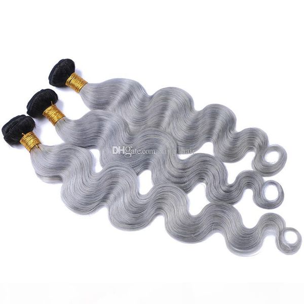

ombre silver grey human hair extensions two tone 1b grey dark root ombre peruvian body wave wavy hair weave 3 bundles lot, Black
