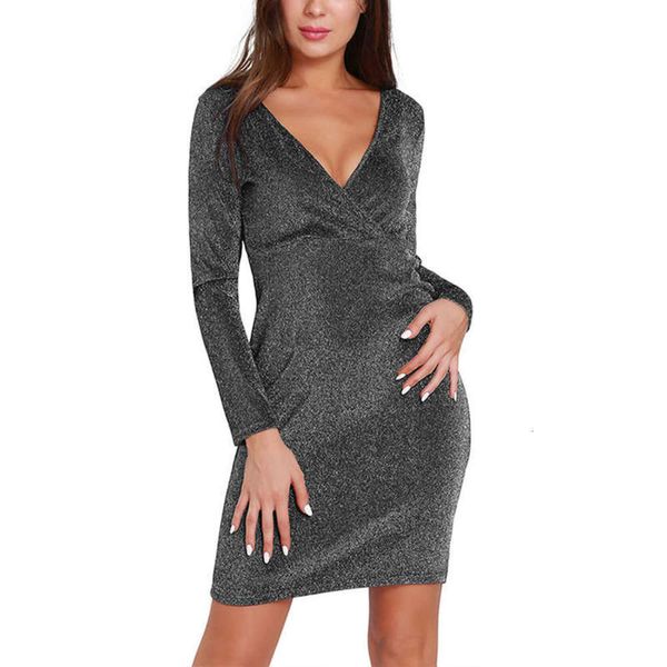 

long new hip deep sleeve v cross metal nightclub v-neck dress, Black;gray