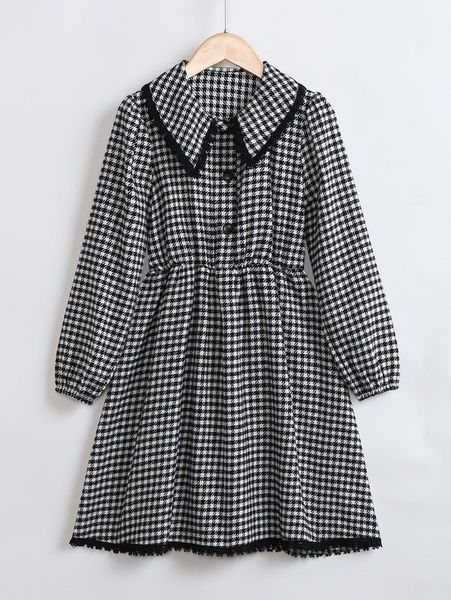 

girls houndstooth print contrast binding dress she, Red;yellow