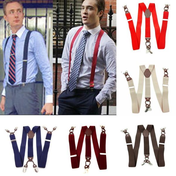 

leather alloy 6 clips y-back elastic suspenders for male vintage casual commercial wstern-style trousers(wine red)1, Black;white