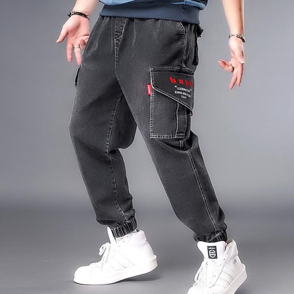 

men plus size xl-7xl denim jeans elastic band black denim trousers loose big brand male man overalls, Blue
