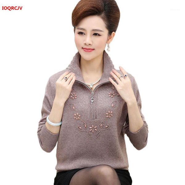 

large size middle-aged women's pullover sweaters autumn long-sleeved lapel zipper knitting casual wool sweater coat w17861, White;black