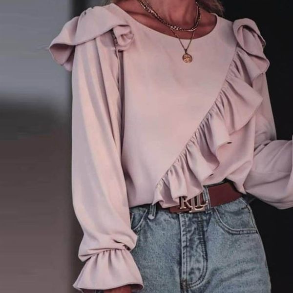 

2021 new women autumn vintage long sleeve ruffles blouses shirt winter casual solid color ladies office loose pullover blouse jh9k, White