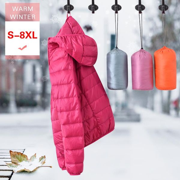 

s-8xl winter women ultra light down jacket white duck down hooded jacket slim thin warm coat parka female solid portable outwear, Black