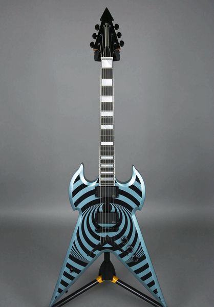 

custom zakk wylde flying v metal blue burst & black bullseye electric guitar mop block inlay, emg pickups, string thru body bridge, black ha
