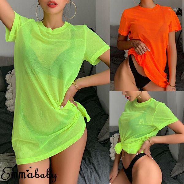 

solid color casual loose tees women neon green o neck vintage mesh short sleeve tee shirt summer long tshirts beachwear1, White