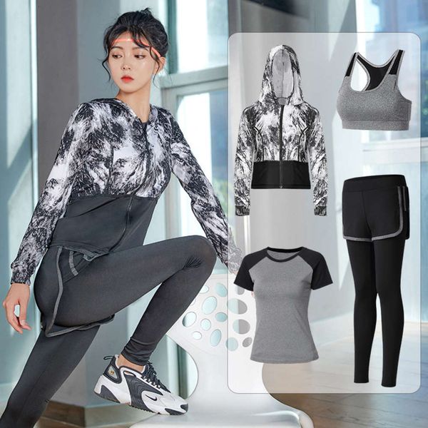 

2020 spring and summer new slim suit women's gym running yoga three or four piece set, Gray