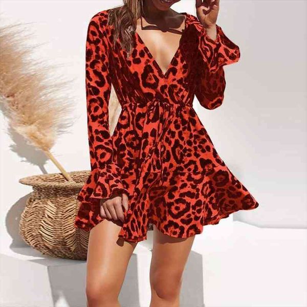 

Summer Chiffon Dress Women Leopard Print Boho Beach Dresses Casual Ruffle Long Sleeve A-line Mini Party Dress Vestidos, Black;gray