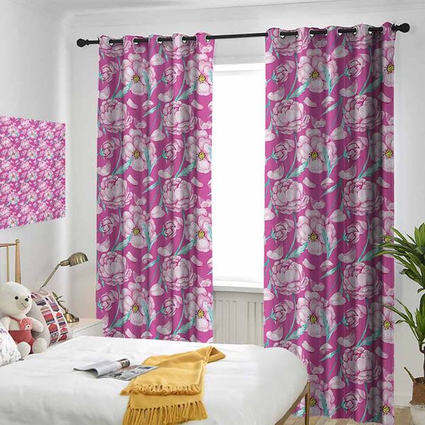 

thermal insulated room darkening window shade peony flowers blossom in vibrant colors watercolor japanese feminine bouquet art curtain