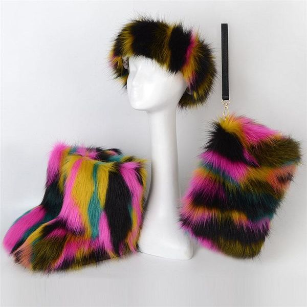 

winter women's high fur boots fluffy fur snow boots ladies plush platform cotton shoes bag sets girls faux headband eu34-44, Black