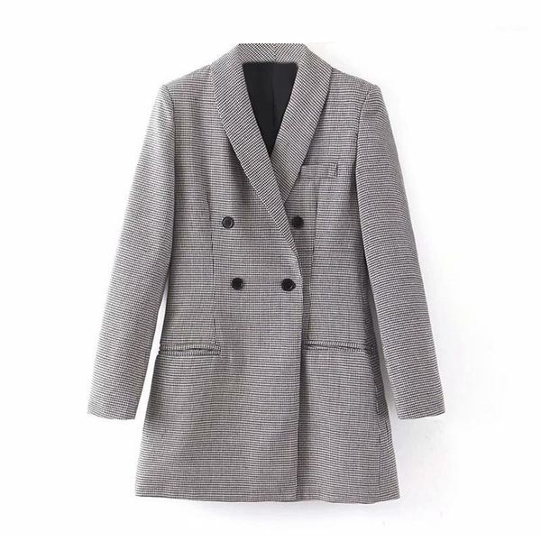 

vintage women double breasted plaid blazers suit shawl collar long sleeve houndstooth coat pockets offfice jacket lady outwear1, White;black
