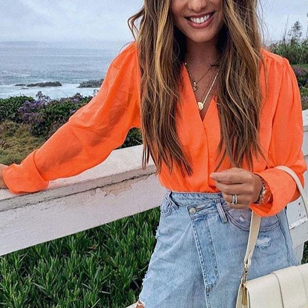 

shirts women blouses fashion long sleeve v neck ruched solid chiffon blouse v-neck blusas1, White