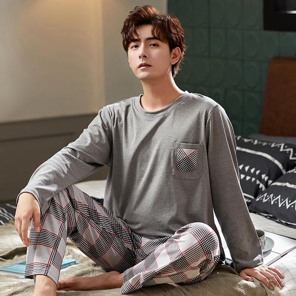 

autumn winter full cotton men pyjamas plaid pants pajamas set casual male sleepwear night pijama hombre plus size loose homewear, Black;brown