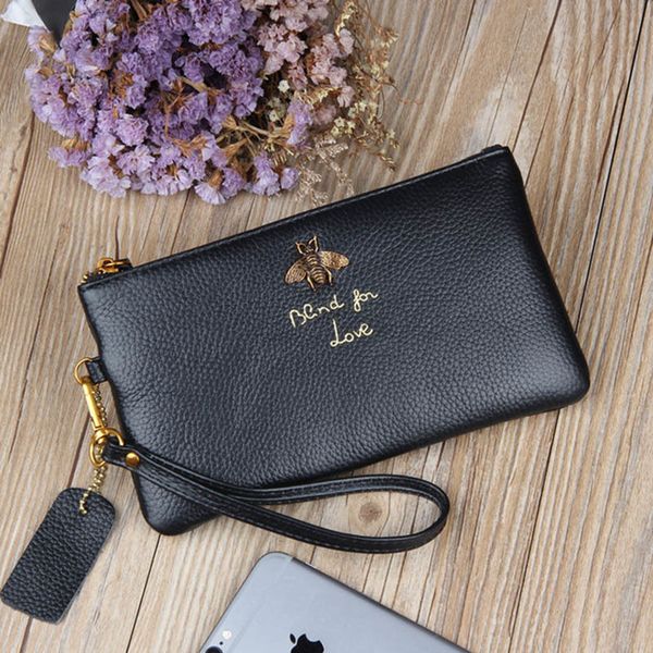 

genuine women fashion zippers bag long coin purse bee female clutch ladies real leather big capacity phone wallet