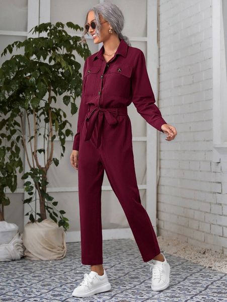 

flap pocket belted shirt jumpsuit l0qv#, White