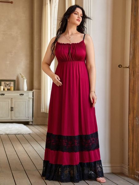 

plus frill trim contrast lace ruffle hem sleep dress 08yh#, Black;white