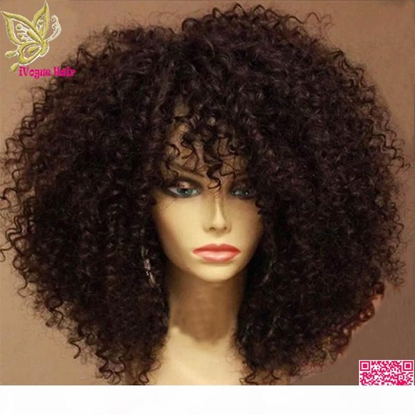 

afro kinky curly lace front human hair wigs with bangs brazilian full lace human hair wig curly for black women grade 7a, Black;brown