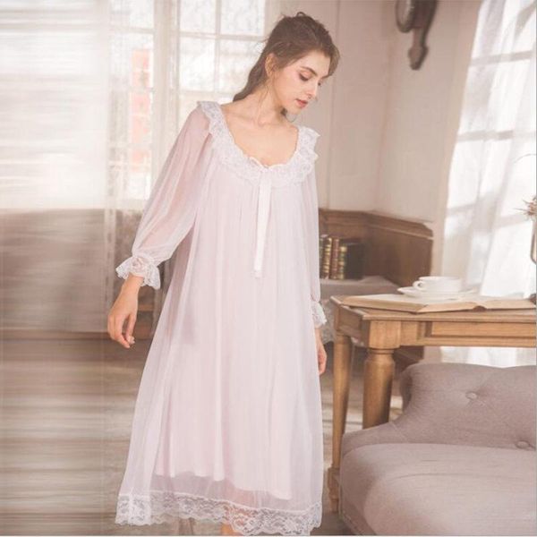 

simple lace round-neck modal gauze nightdress spring full sleeves woman long style home dress white color nightie for girls1, Black;red