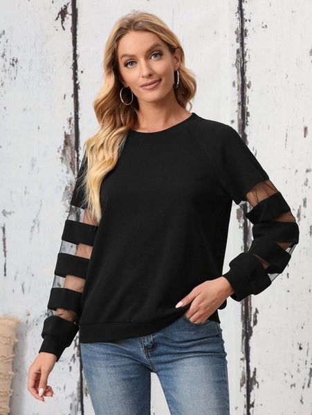 

emery rose sheer mesh insert raglan sleeve pullover x5dd#, White;black