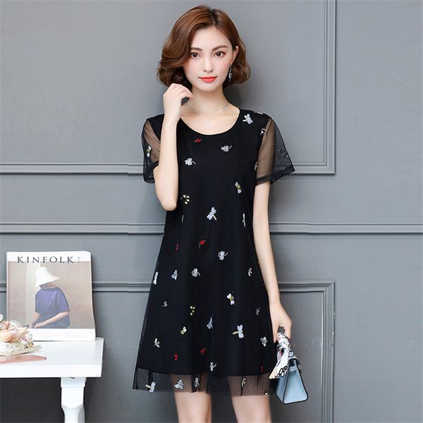 

2021 new elegant summer women's embroidered black mesh chiffon short sleeve meager dress plus size 6xl 979 dkf8, Black;gray
