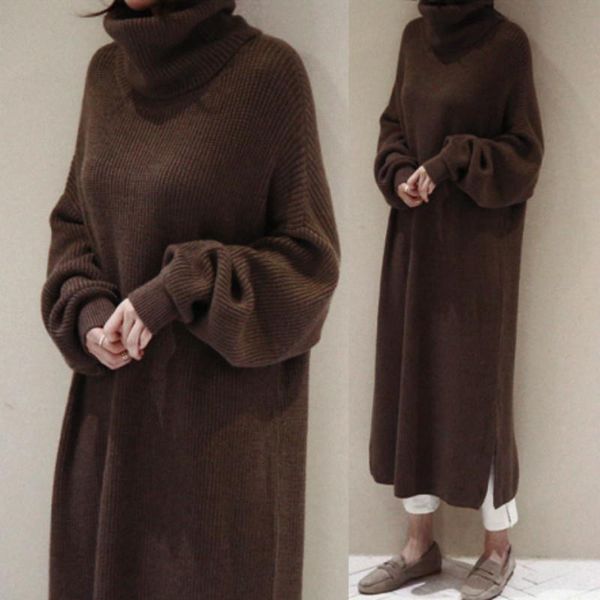 

women autumn winter thicken turtleneck long sweater dress ladies oversized long sleeve split knitted pullover dresses casual, Black;gray