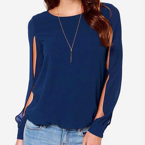 

2020 european and american style o-neck round neck leisure women long sleeve solid chiffon shirt loose shirt blouse1, White